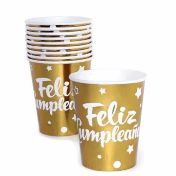 Pack 10 vaso cartón Feliz cumpleaños dorado