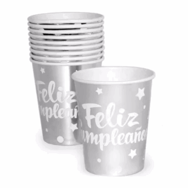 Pack 10 vaso cartón Feliz cumpleaños plateado